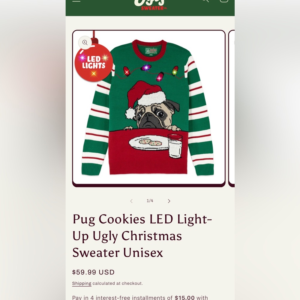 Ugly Christmas Sweater | Pug Cookies Light Up LED Sweater Unisex